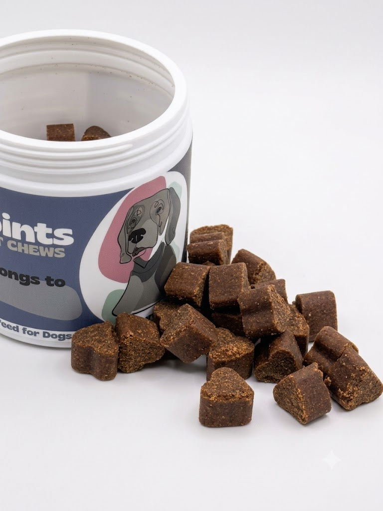 Dog treats spilling out of a container labeled 'Pints Chews' on a white background
