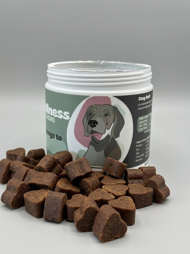 Jar of dog treats with a label featuring a dog illustration on a gray background