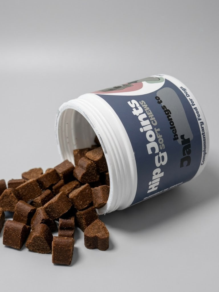 Open container of Hip & Joint soft chews with brown chewable tablets on a gray background