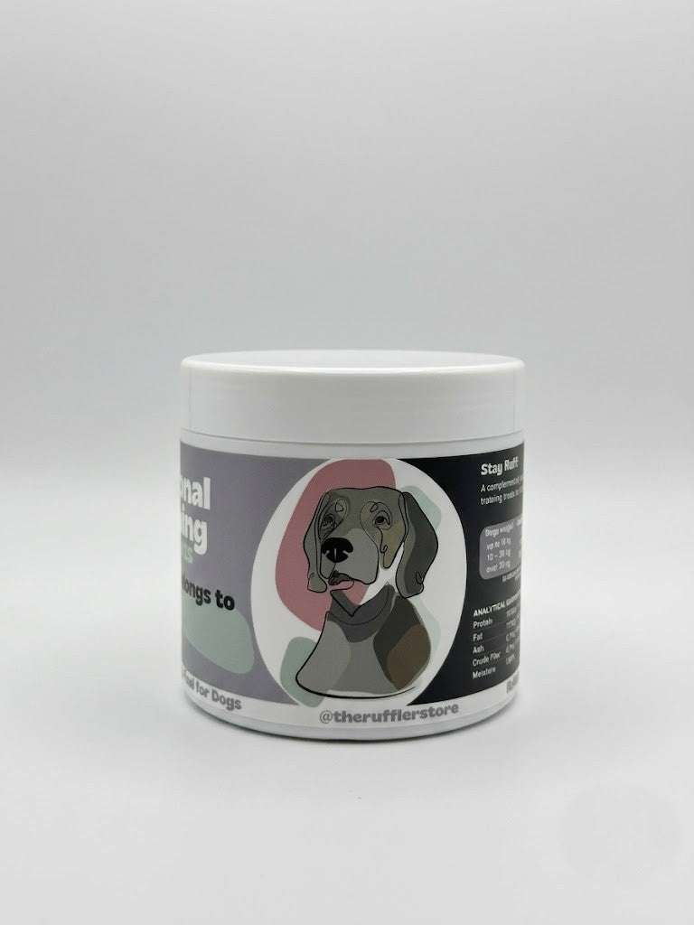 Mug with dog illustration and text on a gray background
