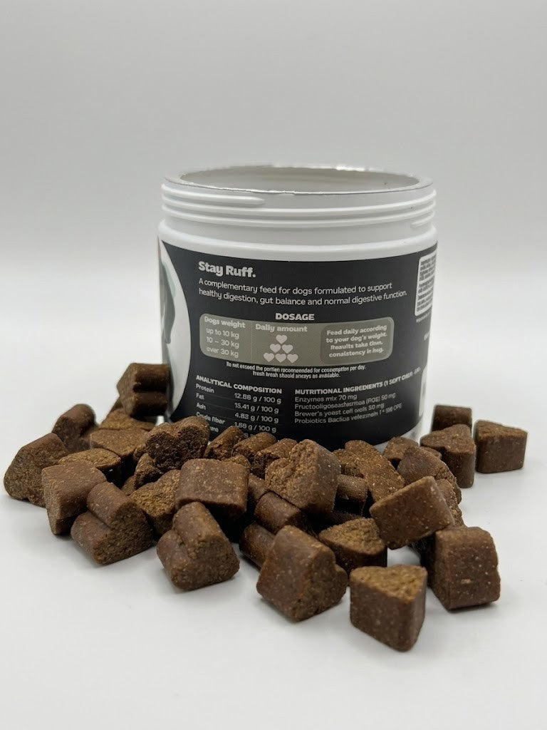 Container of dog treats with a white lid on a white background