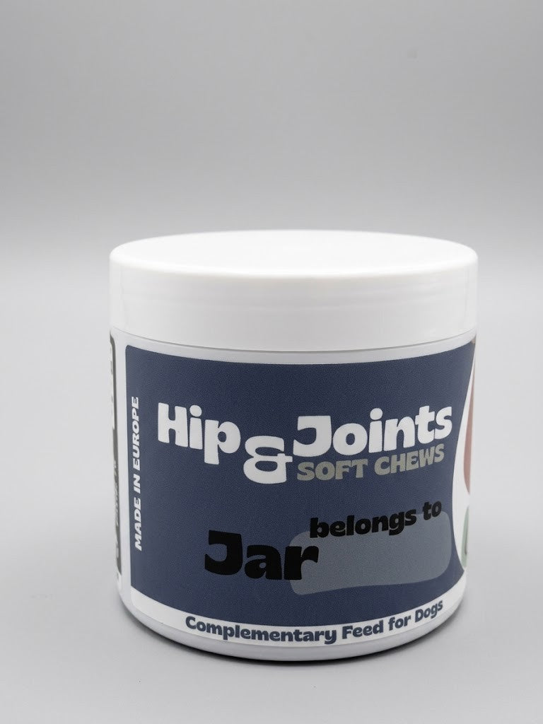 Jar of Hip & Joints Soft Chews for dogs on a gray background