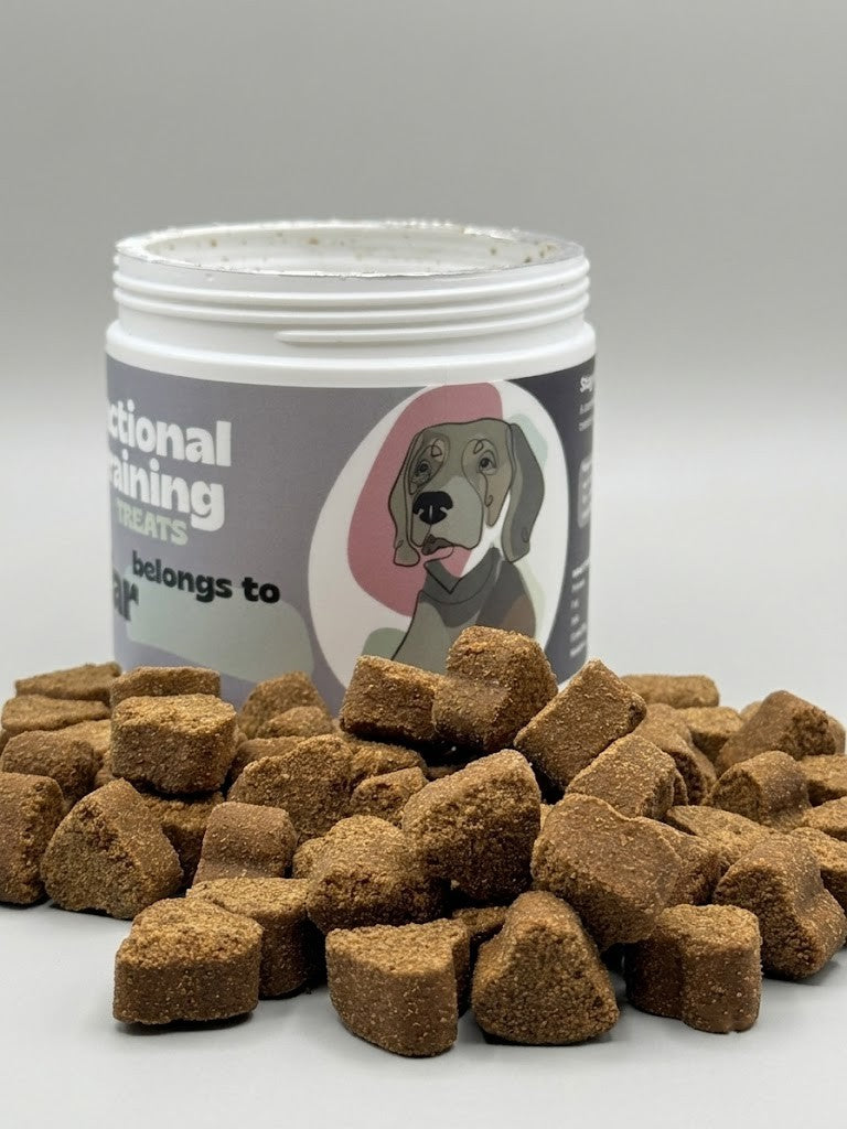 Jar of dog treats with a gray background