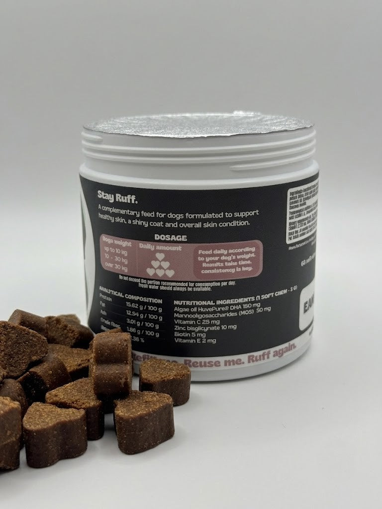 Container of dog treats with a label on a white background