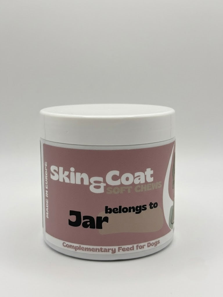 White container with pink label for dog food on a gray background
