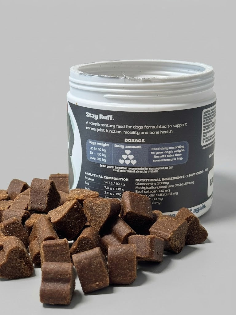 Jar of 'Stay Ruff' dog supplement with brown treats on a gray background