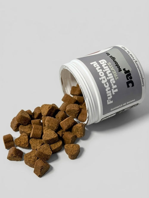 Open container of dog treats with treats spilling out on a light gray background