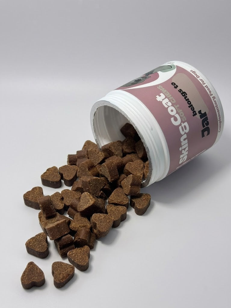 Container of heart-shaped brown dog treats spilling out onto a white surface.